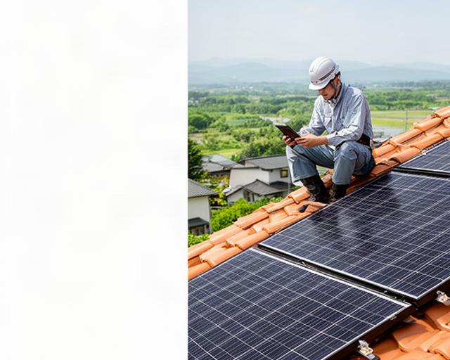 岐阜県中津川市の住宅屋根で太陽光パネルを点検する作業員